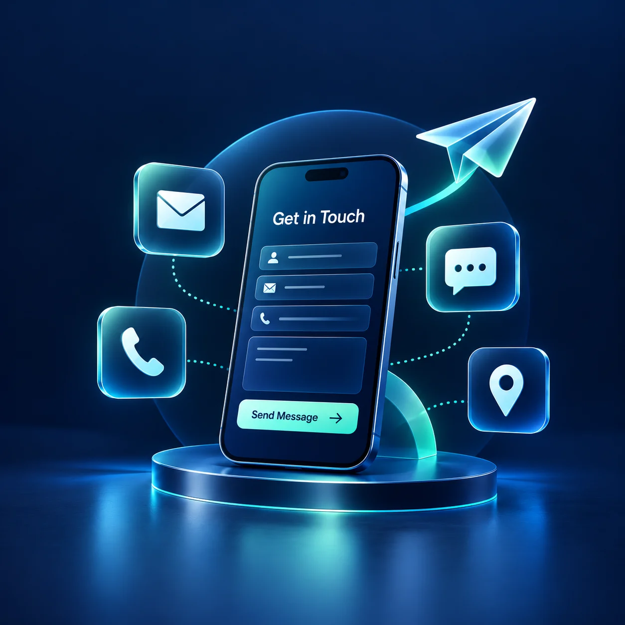 Custom illustration of a contact form phone with email, call, chat and location icons
