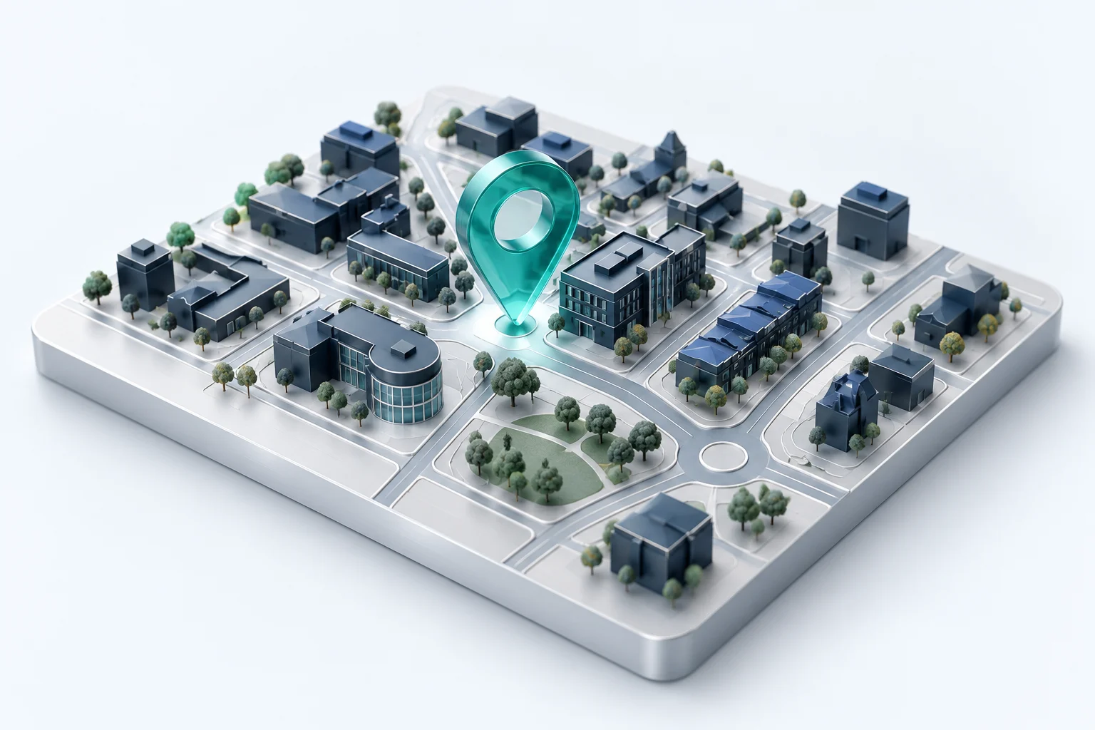 Illustrative neighbourhood map with a teal location marker