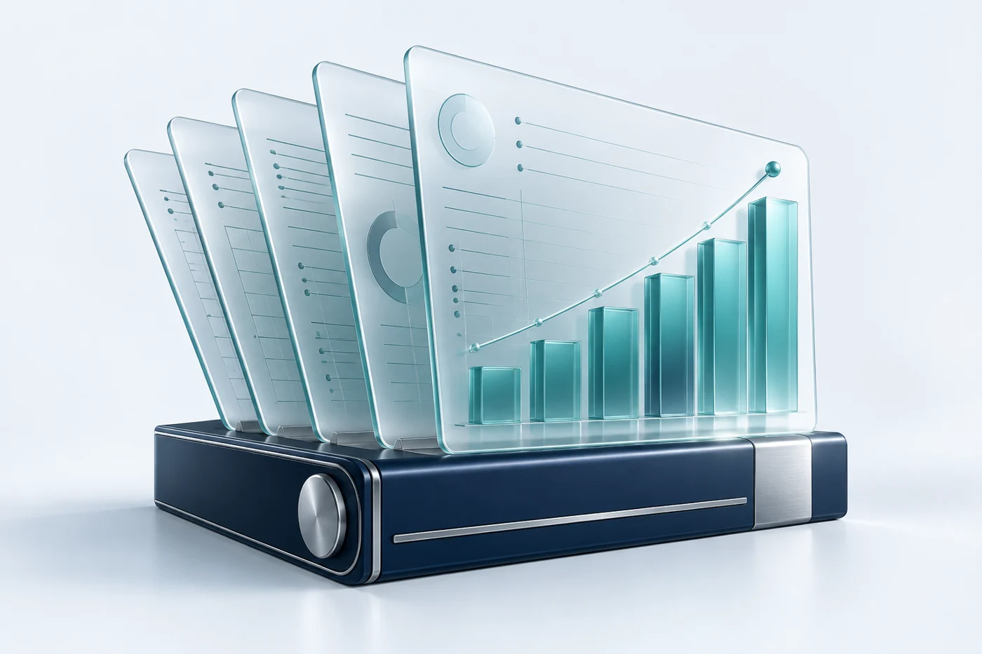 Custom illustration of glass accounting ledgers and financial reporting