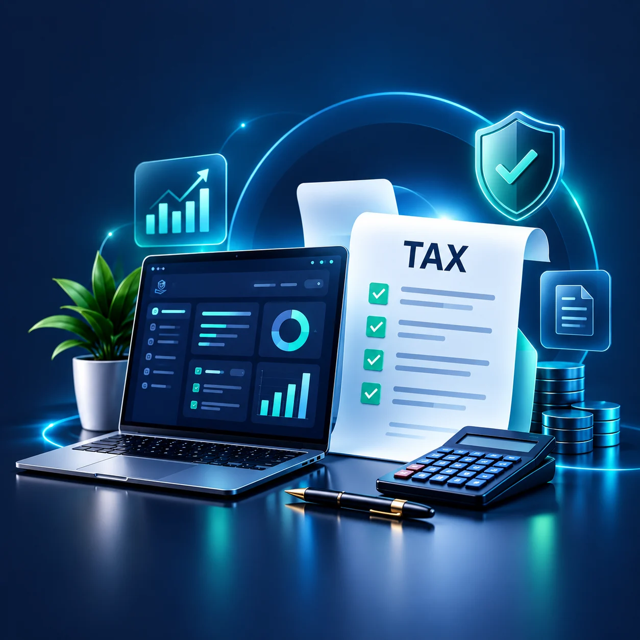 Custom illustration of a tax document, accounting dashboard, and calculator