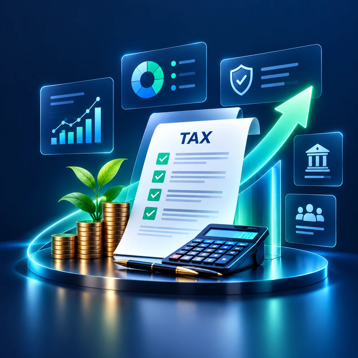 Custom illustration of tax planning, financial growth, and accounting tools