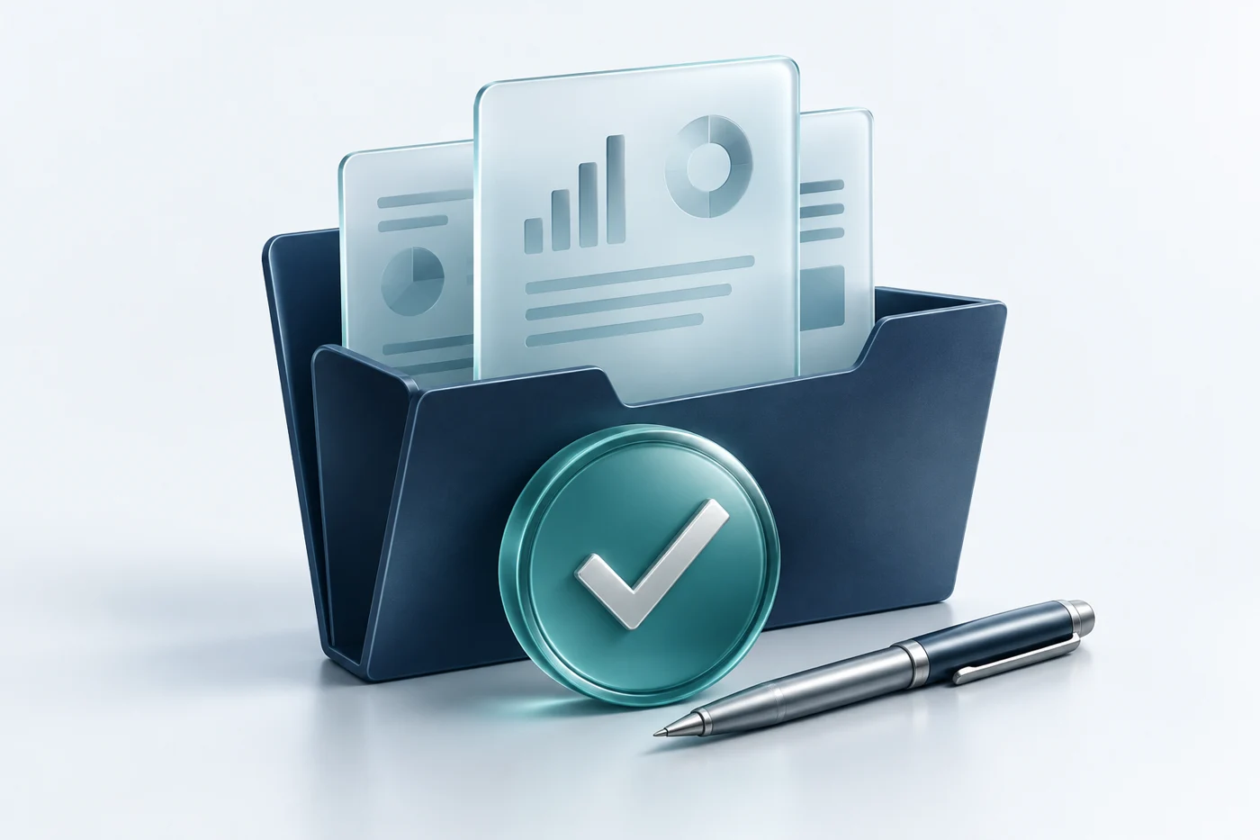 Custom illustration of organized tax filings and an approval seal